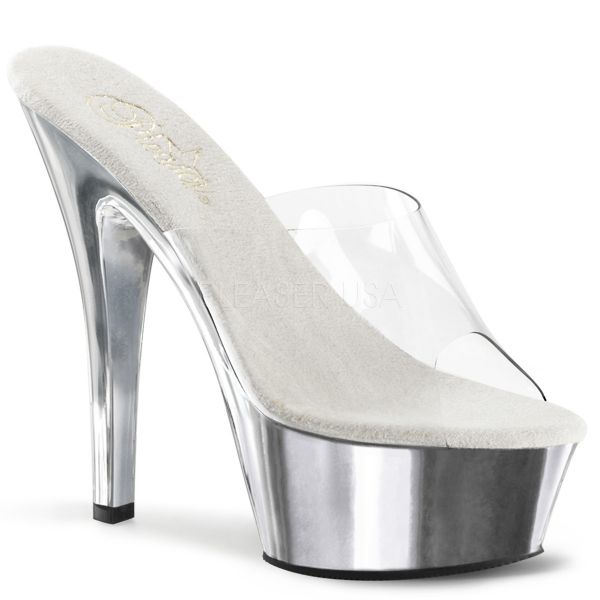 KISS-201 Plateau Pantolette mit durchsichtigem Obermaterial und silber verchromtem Plateau